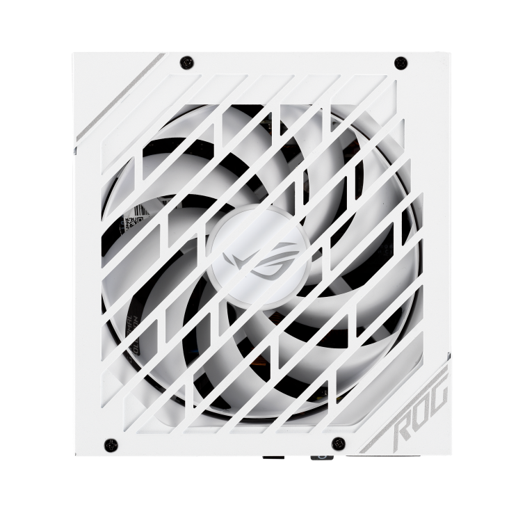 Top-side angle of ROG Strix 850W Gold White Edition focus on the fan