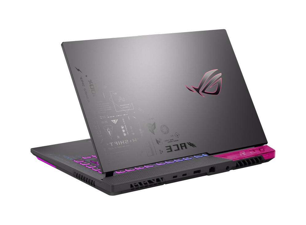 Off center rear view of the Strix G15, with emphasis on the ROG styling and Armor Cap.