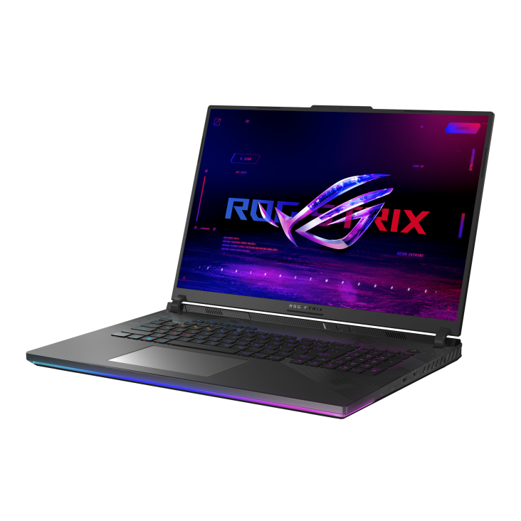 Off center shot of the front of the Strix SCAR 18, with the ROG Fearless Eye logo on screen