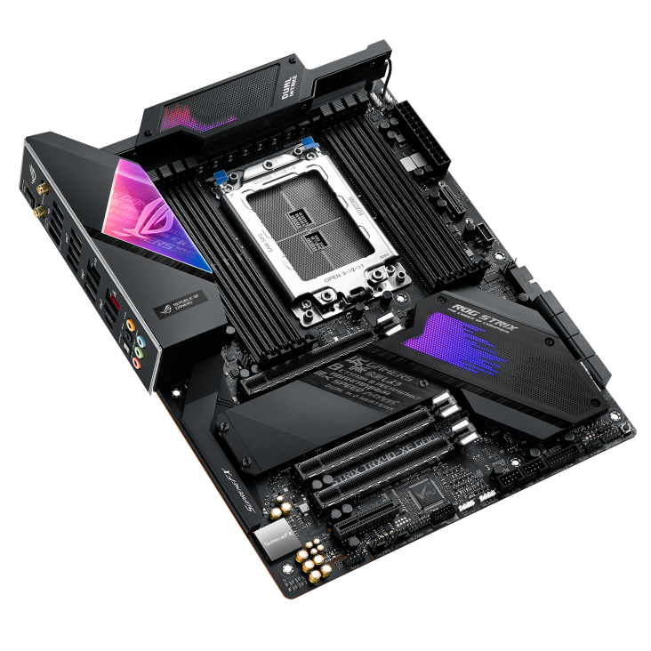 ROG STRIX TRX40-XE GAMING top and angled view from left