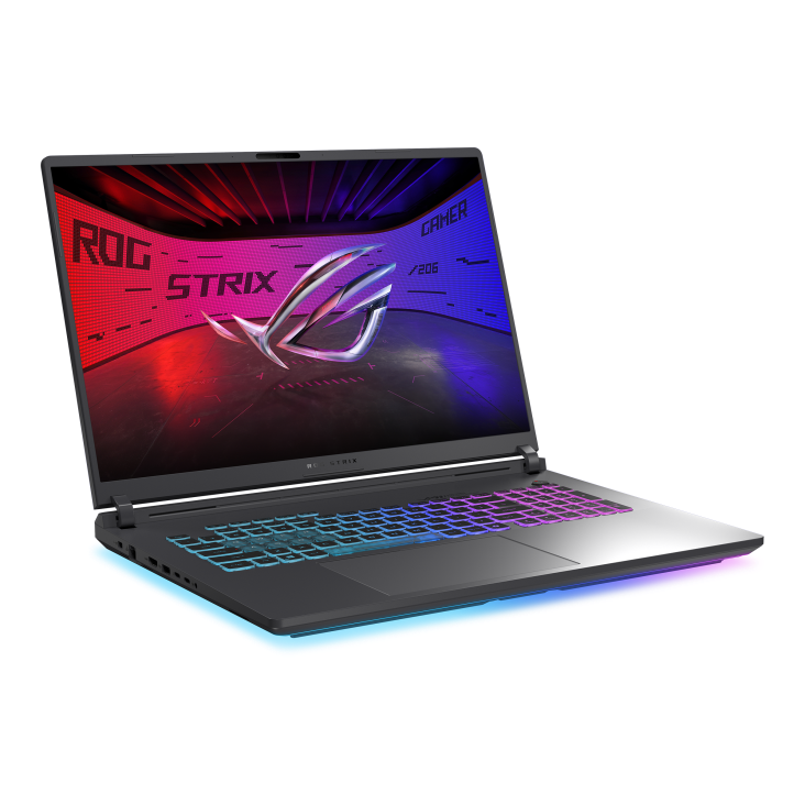 Off center shot of the front of the Strix G18, with the ROG Fearless Eye logo on screen