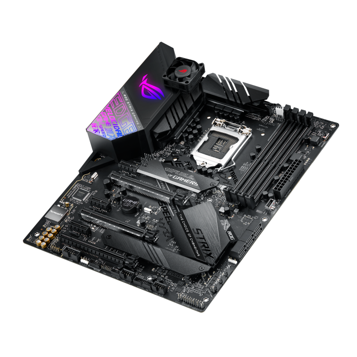 ROG STRIX Z390-E GAMING top and angled view from right