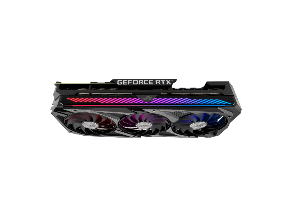 ROG-STRIX-RTX3080-10G-GAMING graphics card, top view, highlighting the ARGB element