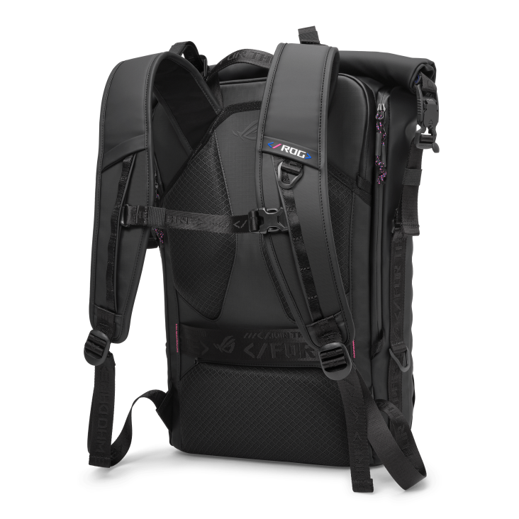 Black ROG backpack, back view