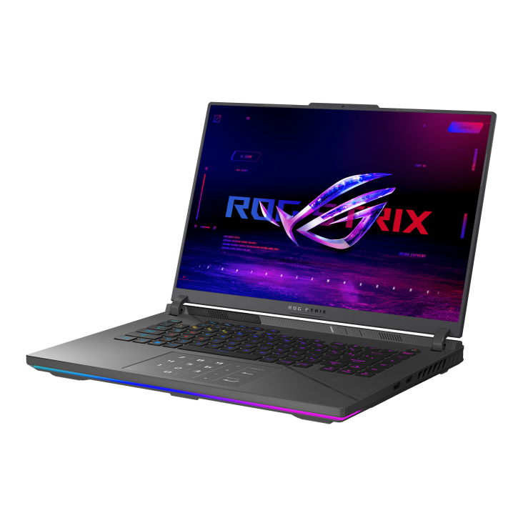 Off center shot of the front of the Strix G16, with the ROG Fearless Eye logo on screen