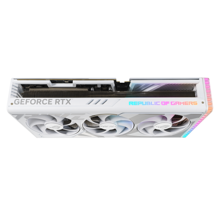 Angled top view of the ROG Strix GeForce RTX 4080 SUPER white edition graphics card showing off the ARGB element and 3.5-slot design