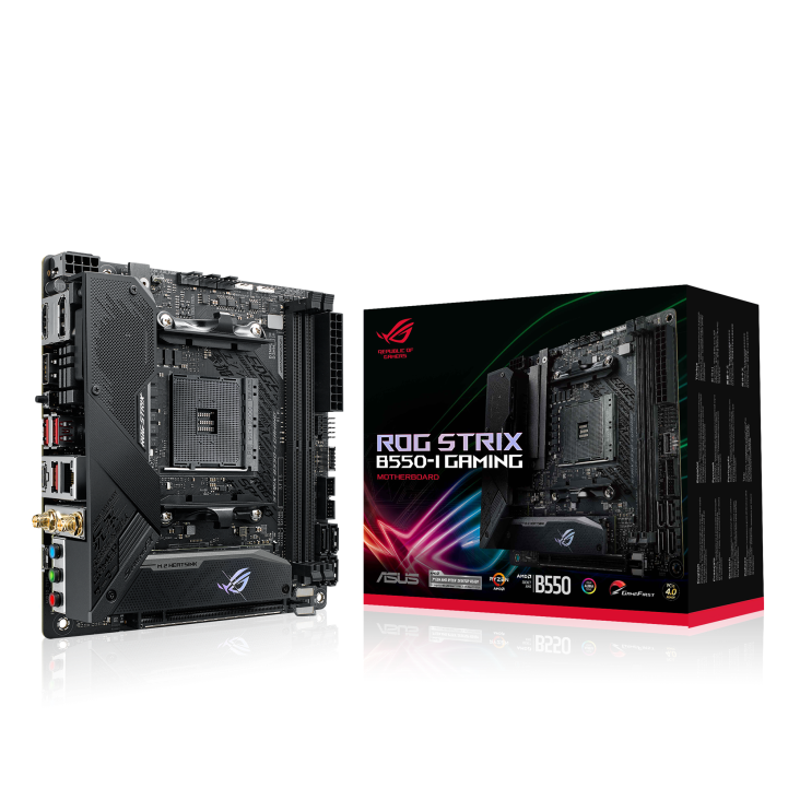 ROG STRIX B550-I GAMING angled view from left with the box