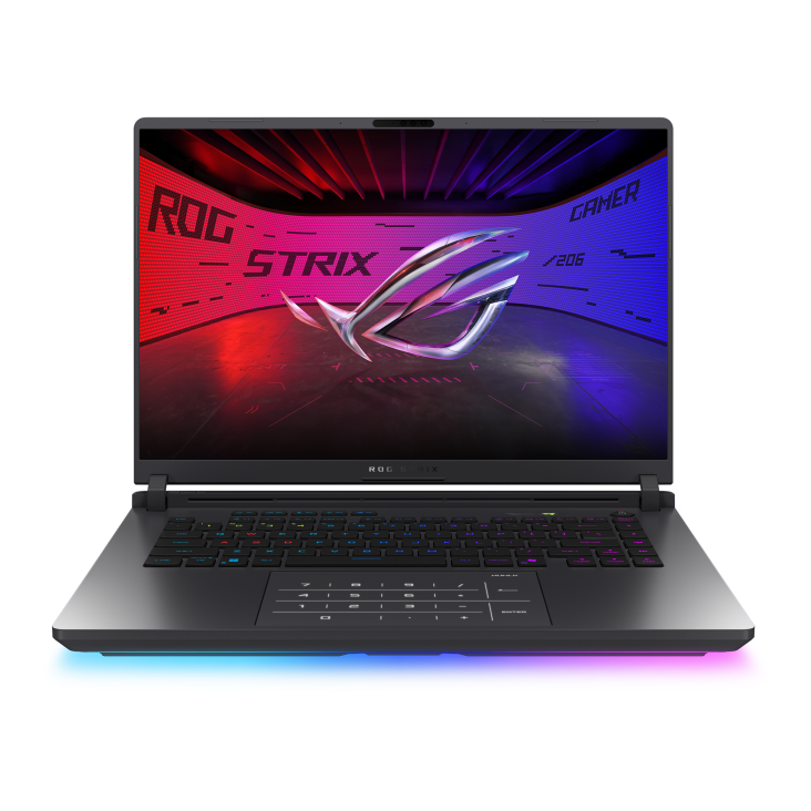 Shot of the Strix G16 with the with the lid open, with the ROG Fearless Eye logo on screen