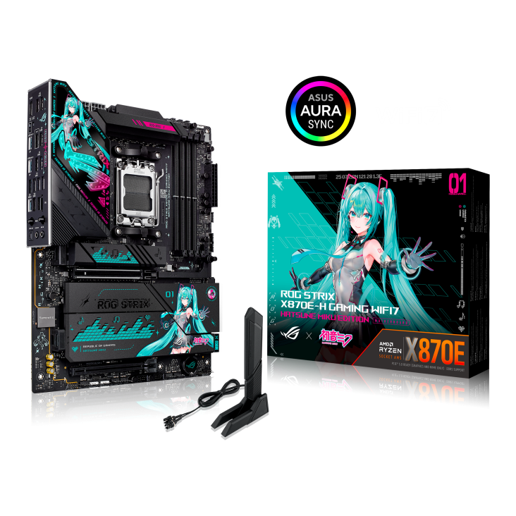 ROG STRIX X870E-H GAMING WIFI7 HATSUNE MIKU EDITION front view, 45 degrees, viewed from left, with WiFi antenna and color box