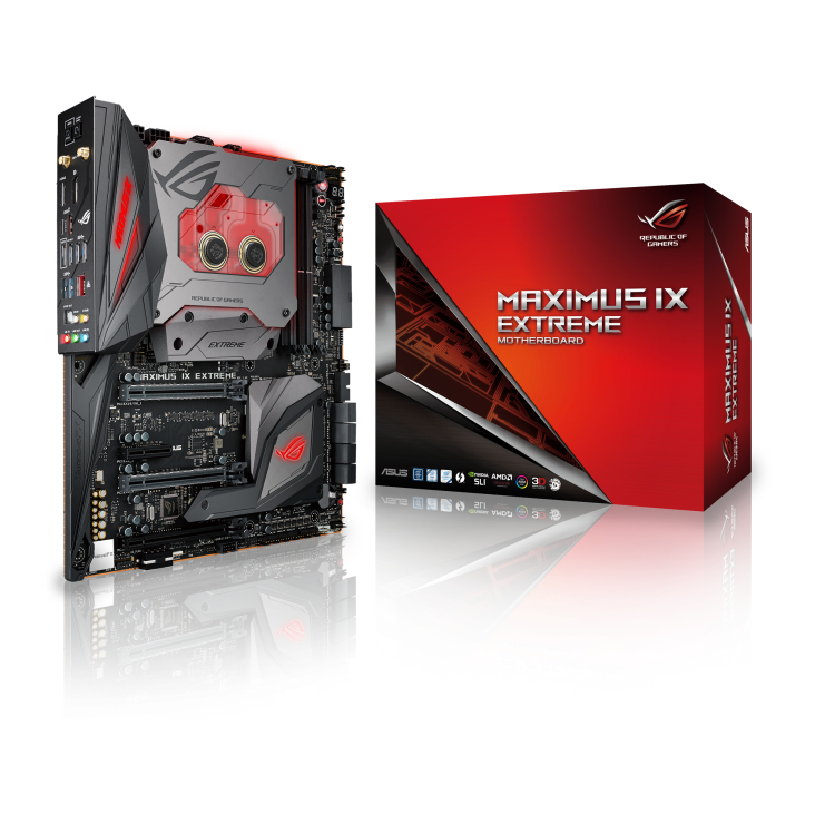 ROG MAXIMUS IX EXTREME angled view from left with the box