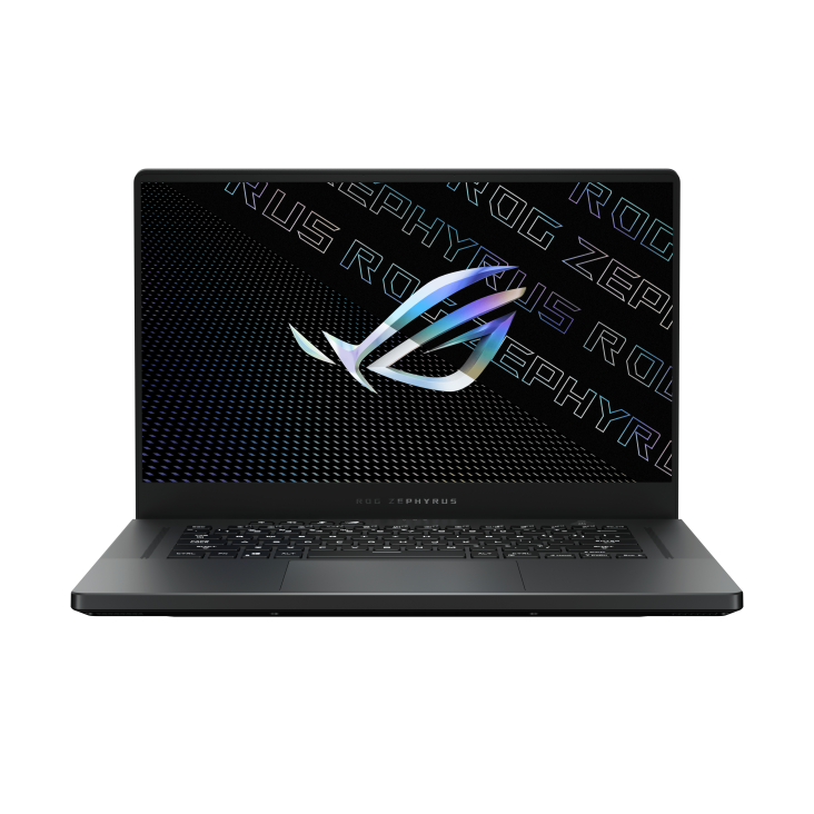 Front view of a black Zephyrus G15 with the ROG logo on screen.