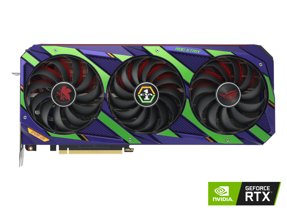 Front side of the ROG Strix GeForce RTX 3080 12GB EVA Edition graphics card with NVIDIA logo