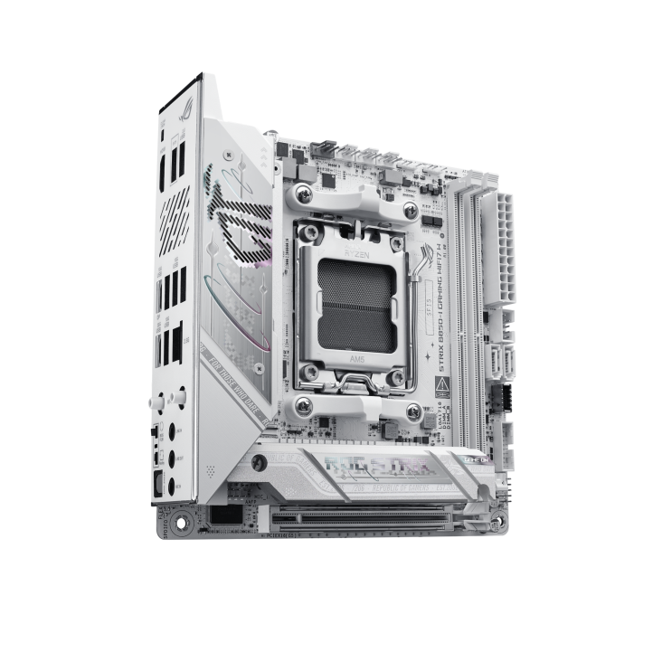 ROG Strix B850-I Gaming WiFi7 W front view, 30 degrees