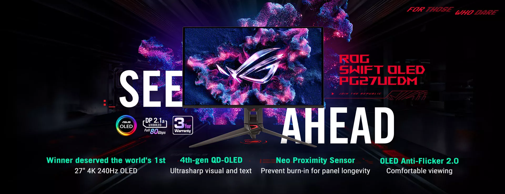Three ROG OLED monitors stands on stages with dark purple backdrop.