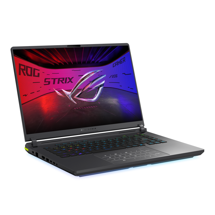 Off center shot of the front of the Strix G16, with the ROG Fearless Eye logo on screen