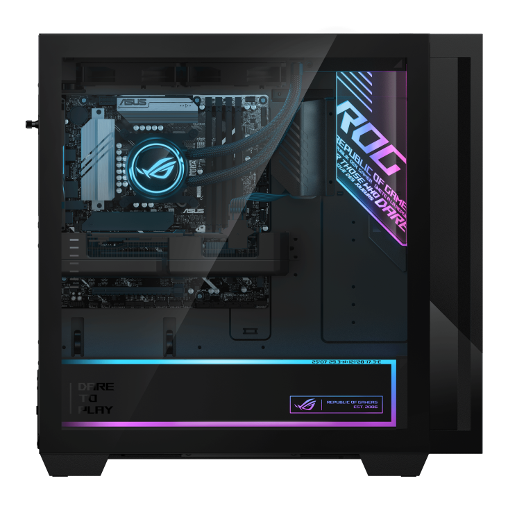 The right side of the ROG G700 desktop, with a transparent case revealing the internal structure of the computer