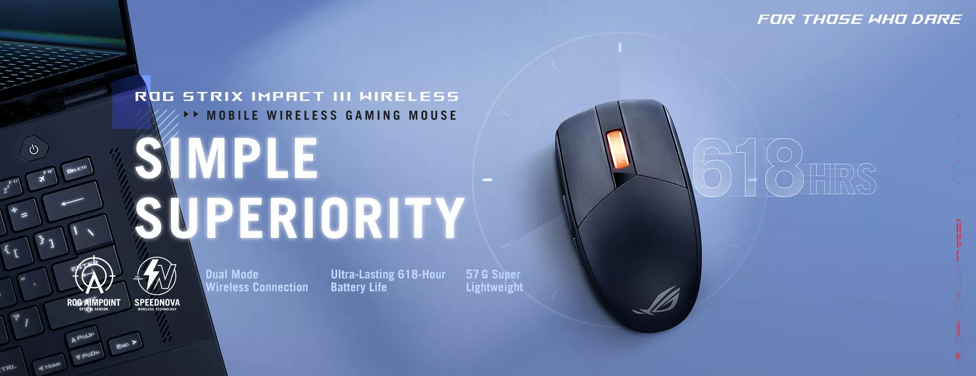 The ROG Strix Impact III Wireless on a white tabletop beside a black laptop. 618 Hours is labeled beside the mouse to show the hours of battery life it has