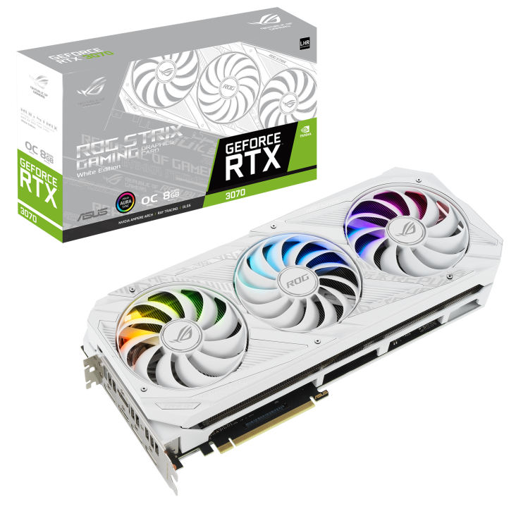 ROG-STRIX-RTX3070-O8G-WHITE-V2 graphics card and packaging