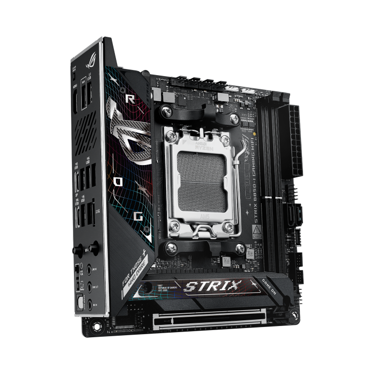 ROG STRIX B850-I GAMING WIFI front view, 45 degrees, viewed from left