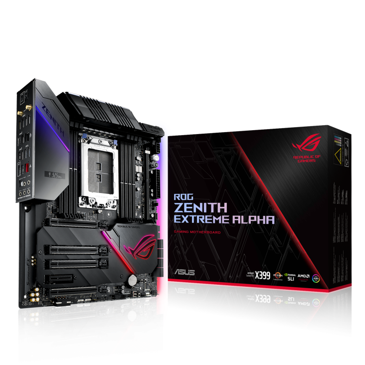 ROG Zenith Extreme Alpha angled view from left with the box