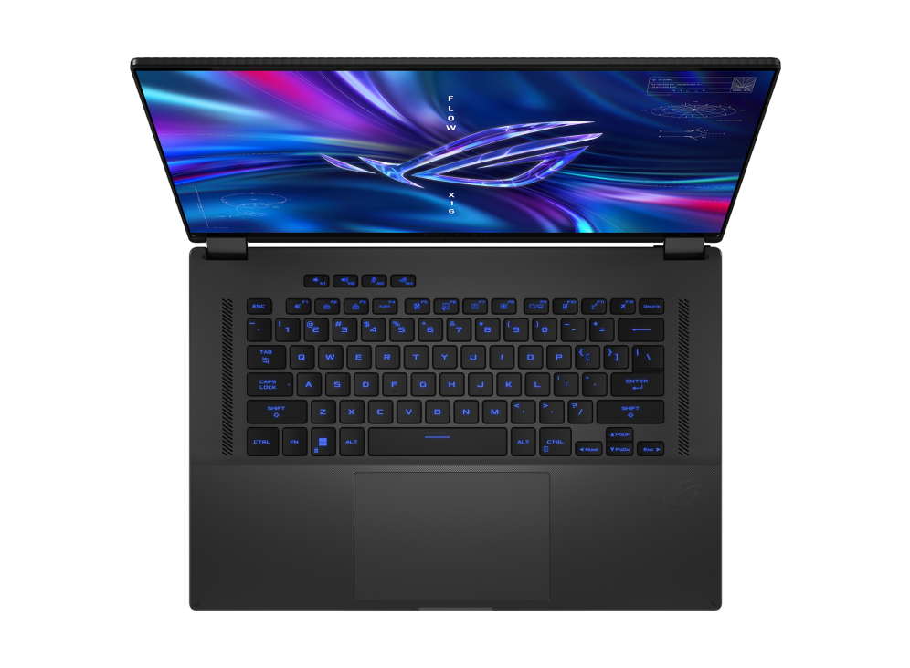 Top down view of the ROG Flow X16, with the lid open and the ROG "Fearless Eye" logo on screen, with the keyboard illuminated in blue.