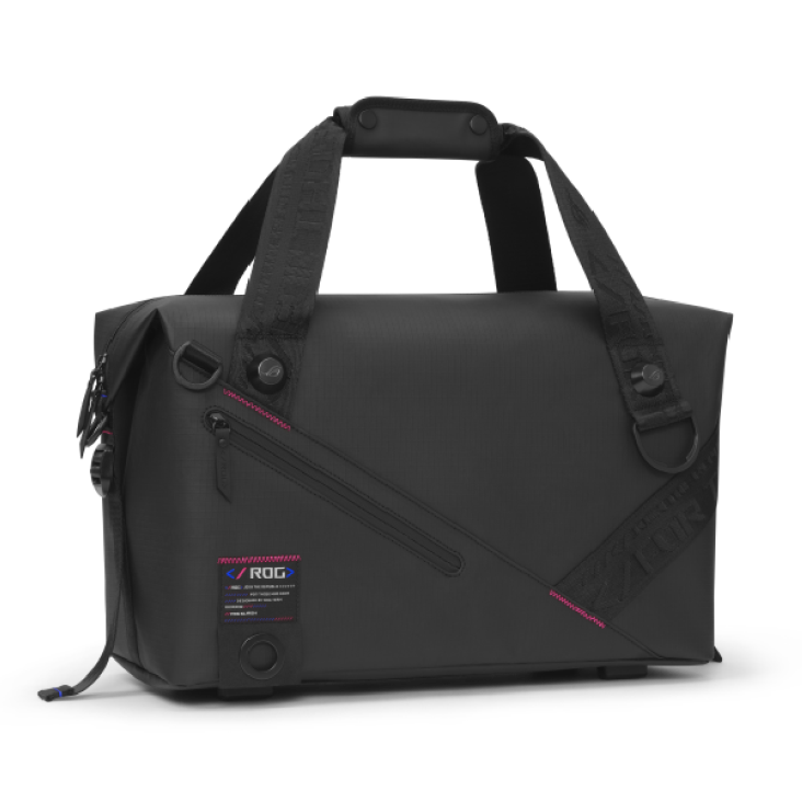 SLASH Duffle Bag on a white background, with the carrying handle above the bag, shot slightly off center