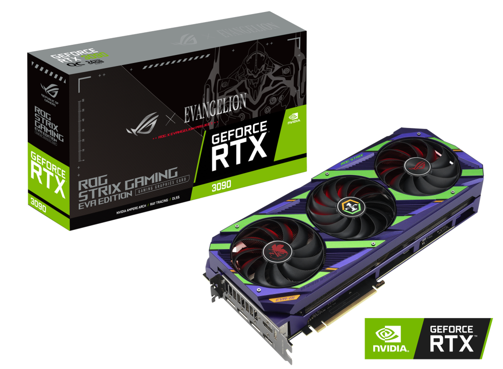 ROG Strix GeForce RTX 3090 EVA Edition packaging and graphics card with NVIDIA Logo