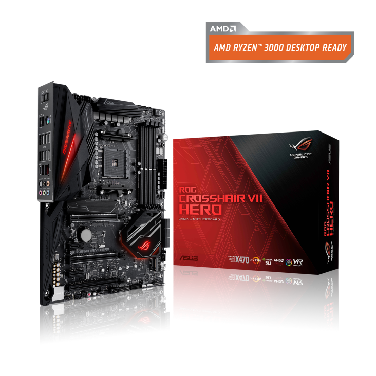 ROG CROSSHAIR VII HERO angled view from left with the box