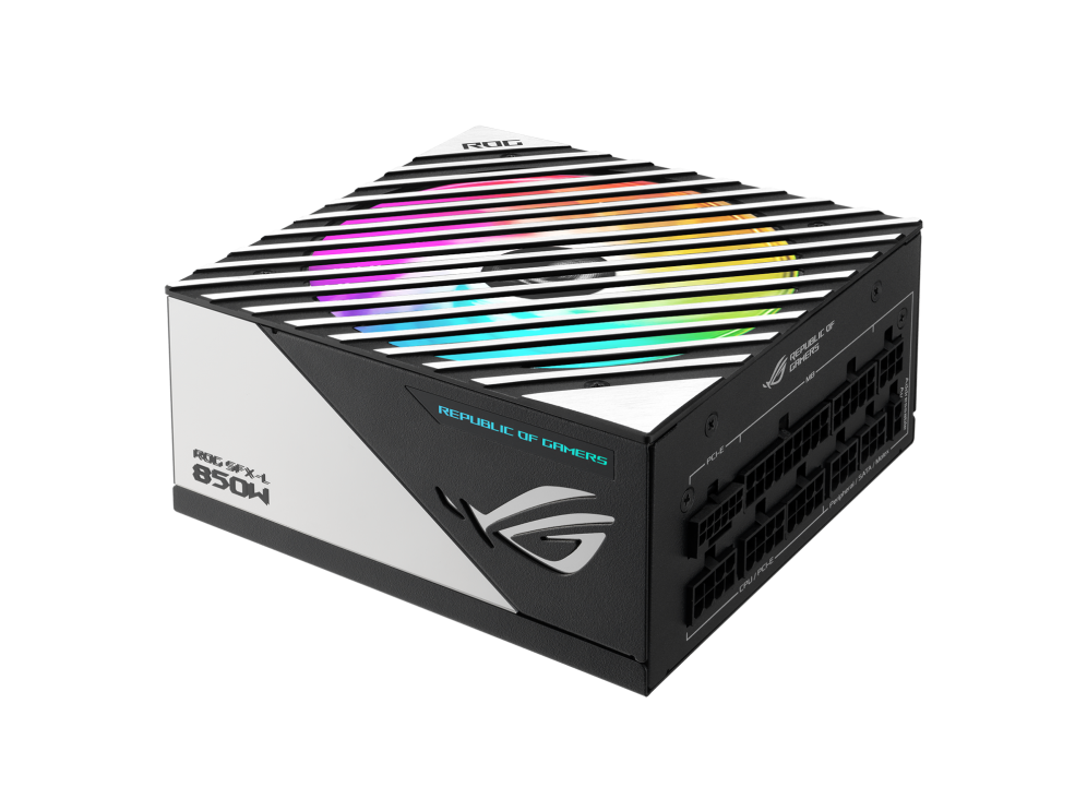 Front side angle of ROG Loki SFX-L 850W Platinum with rainbow lighting effect