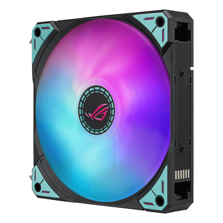 Single ROG Ryuo IV 360 ARGB Miku Edition cooling fan with illuminated ROG logo and teal frame