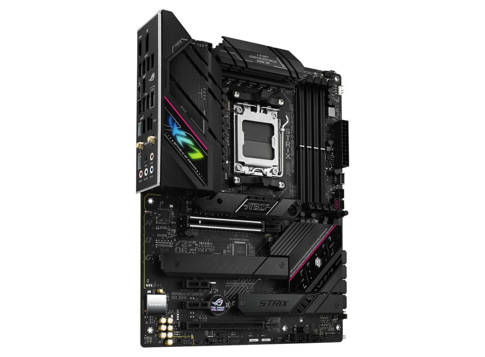 ROG STRIX B650E-F GAMING WIFI angled view from left