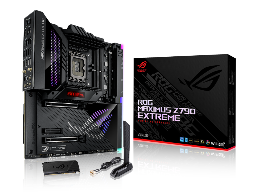 ROG MAXIMUS Z790 EXTREME angled view from left with the box