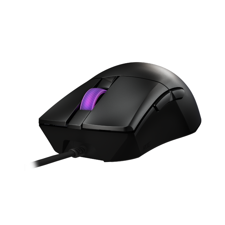 Angled front-right view of the ROG Gladius III Core, with illuminated scroll wheel and ROG logo visible.