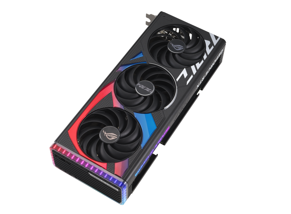 ROG Strix GeForce RTX 4070 graphics card highlighting the axial-tech fans and ARGB element