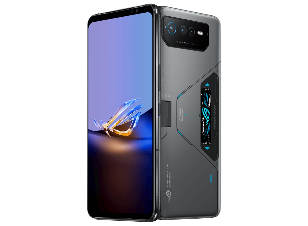 Two ROG Phone 6D Ultimate angled view from both front and back, tilting at 45 degrees