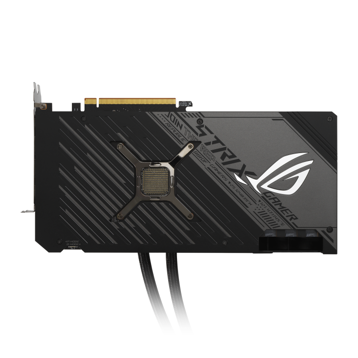 ROG-STRIX-LC-RX6900XT-O16G-GAMING graphics card, rear view with AIO tubes