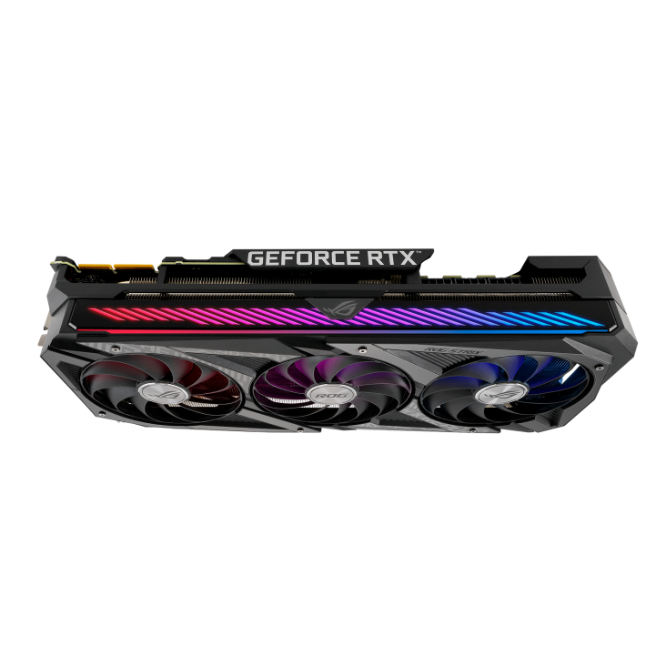 ROG-STRIX-RTX3090-24G-GAMING graphics card, top view, highlighting the ARGB element