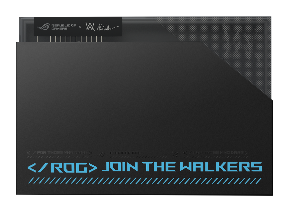 Top down view of the exterior packaging of the ROG Remix, with ROG and Alan Walker branding.