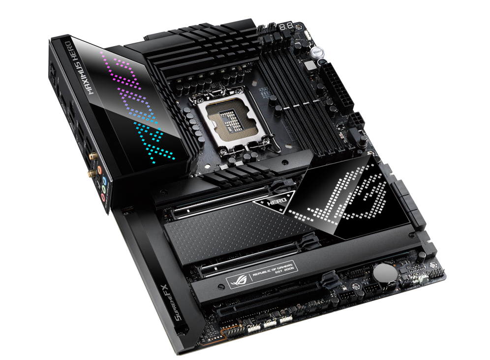 ROG MAXIMUS Z690 HERO top and angled view from left