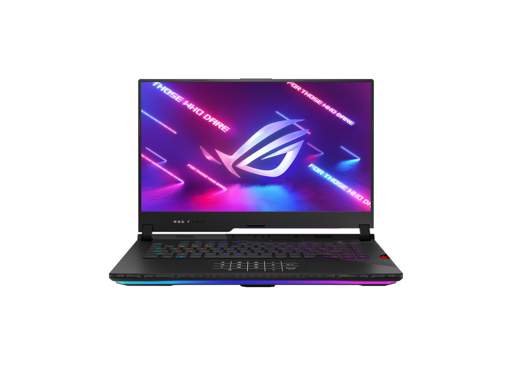 Top down view of the ROG Strix SCAR 15, with the NumberPad and keyboard illuminated and ROG logo on screen.