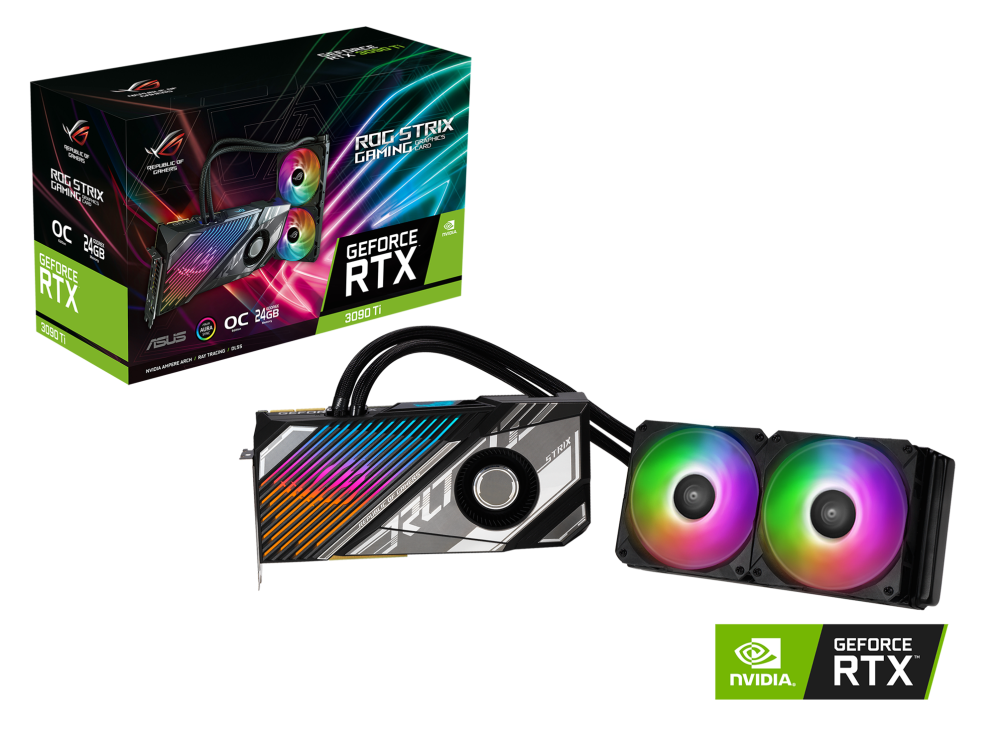 ROG Strix LC GeForce RTX 3090 Ti packaging and graphics card