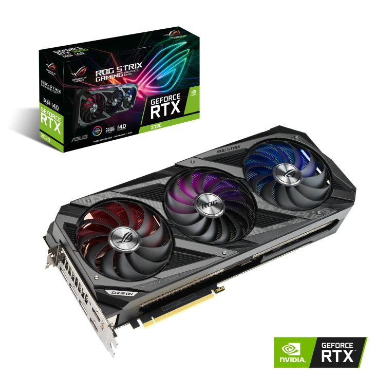 ROG-STRIX-RTX3090-24G-GAMING graphics card and packaging with NVIDIA logo