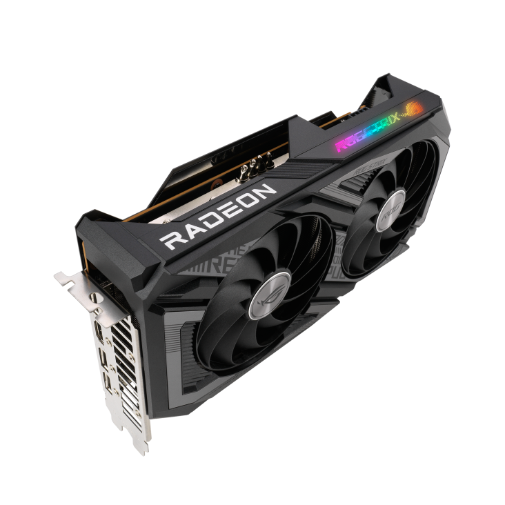 ROG-STRIX-RX6600XT-O8G-GAMING graphics card, angled top view, showing off the ARGB element