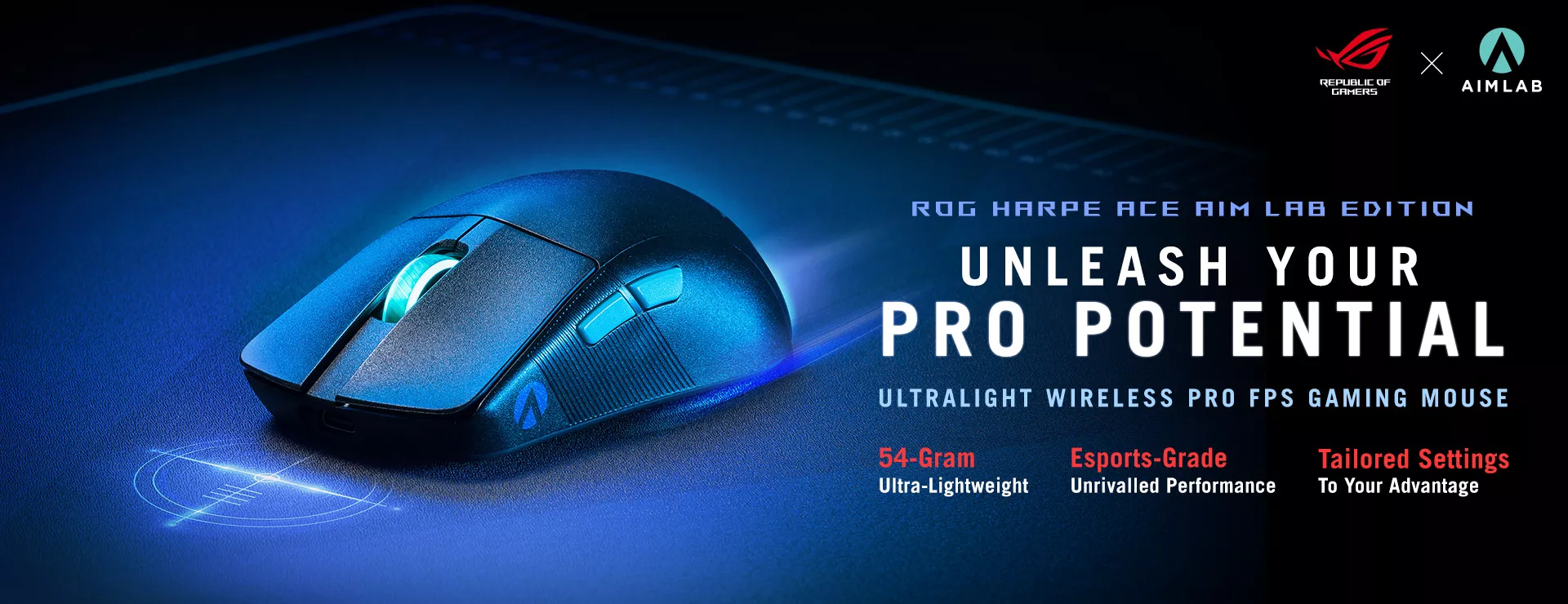 Image shows the ROG Harpe Ace Aim Lab Edition mouse. Please click to learn more