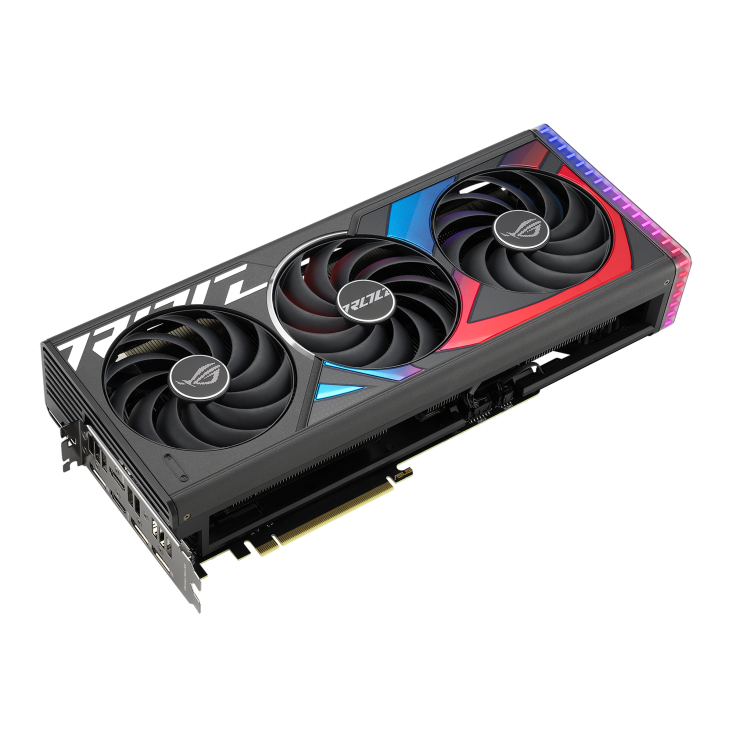 Front angled view of the ROG Strix GeForce RTX 4070Ti SUPER graphics card