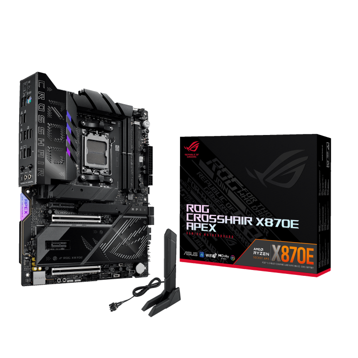 ROG CROSSHAIR X870E APEX angled view from left with the box