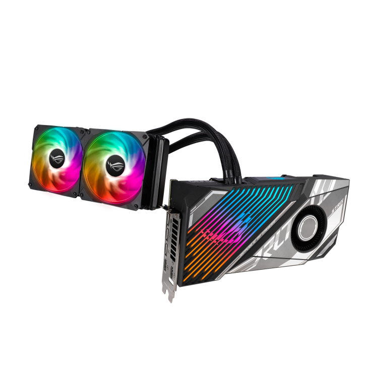ROG-STRIX-LC-RTX3080TI-12G-GAMING graphics card and radiator, front angled view with ARGB fans