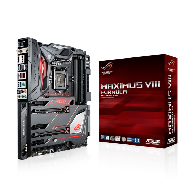 ROG MAXIMUS VIII FORMULA angled view from left with the box