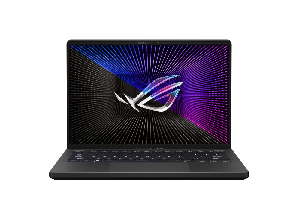 Front view of a black Zephyrus G14, with the ROG logo on screen.