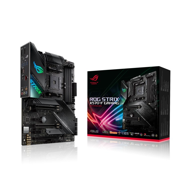 ROG Strix X570-F Gaming angled view from left with the box